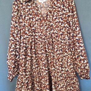 Umgee Rust Floral Tiered Long Sleeve Dress with Navy and White Accents